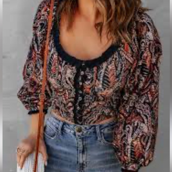 Free People medium blue rust velvet renaissance style puff sleeve blouse medium - Picture 1 of 13